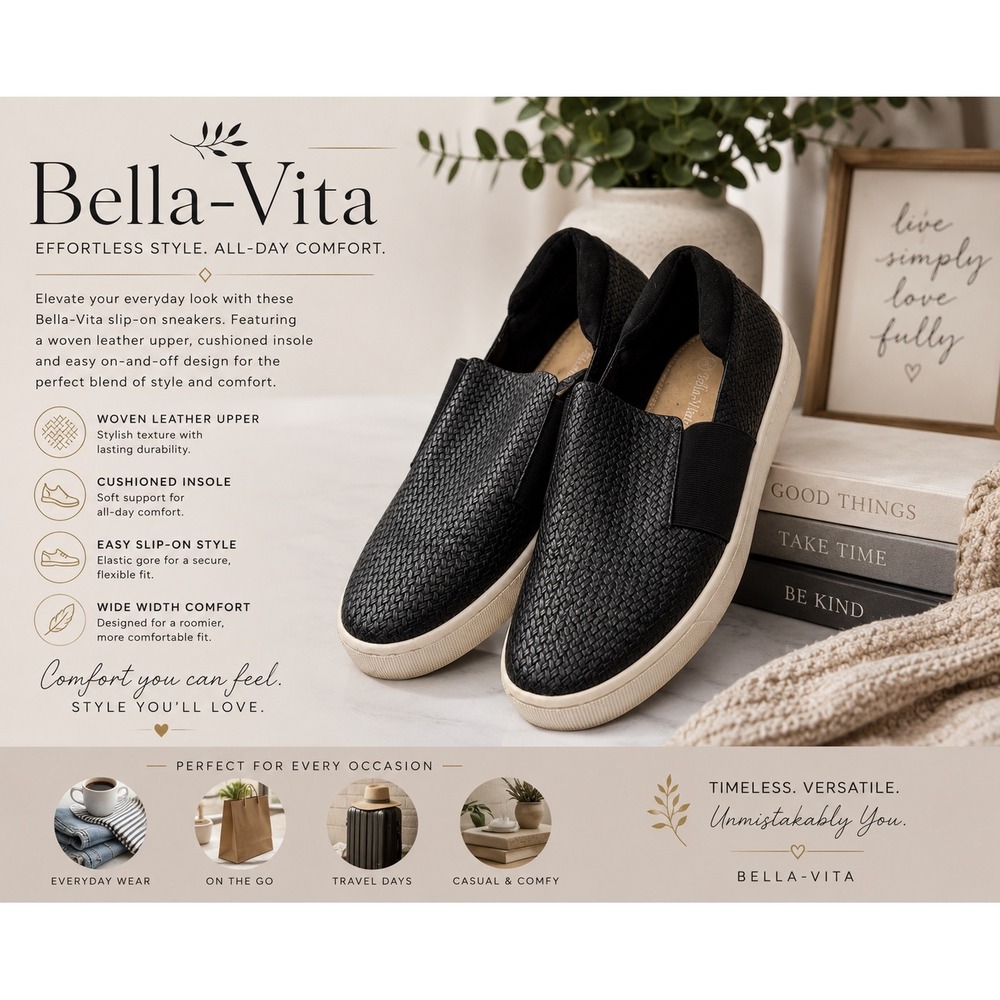Bella-Vita Women's 12 Black Woven Leather Slip-On Sneakers Comfort Casual Shoes